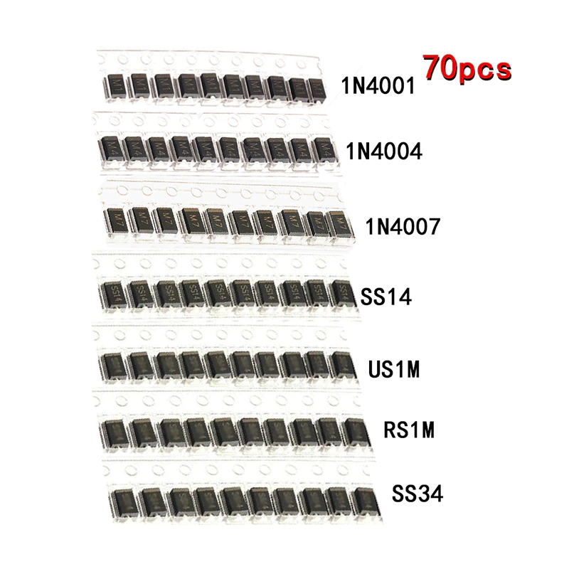 Diodes SMD M1, 1N4001, M4, 1N4004, M7, 1N4007, SS14, US1M, RS1M, SS34 70gab.  (1984)