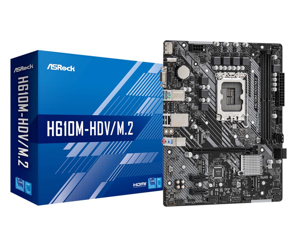 Mainboard|ASROCK|Intel H610|LGA1700|MicroATX|Memory DDR4|Memory slots 2|2xPCI-Express 3.0 1x|1xPCI-Express 4.0 16x|1xM.2|1x15pin D-sub|1xHDMI|1xDisplayPort|2xAudio-In|1xAudio-Out|2xUSB 2.0|2xUSB 3.2|1xPS/2|1xRJ45|H610M-HDV/M.2