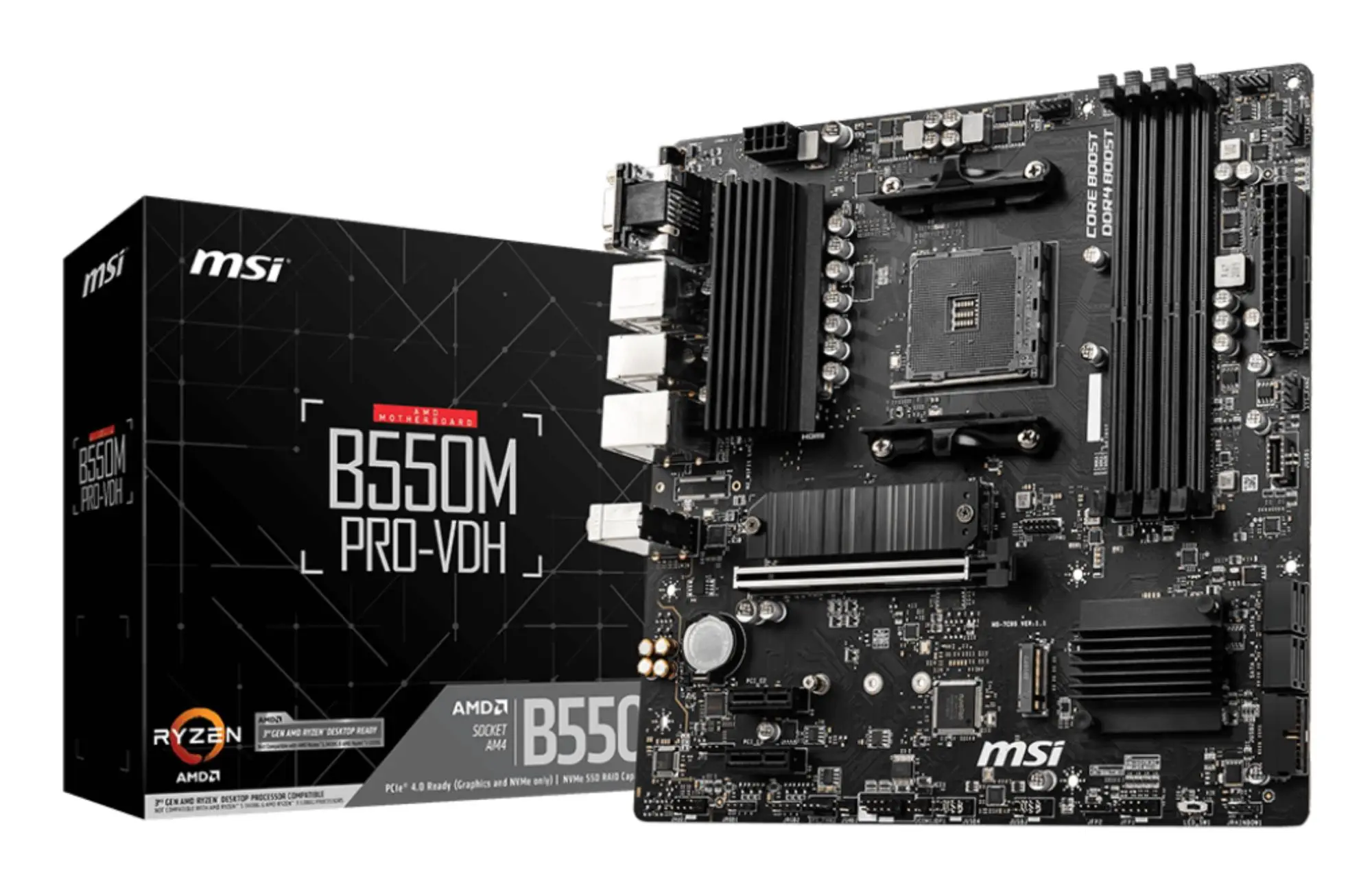 Mainboard|MSI|AMD B550|SAM4|MicroATX|Memory DDR4|Memory slots 4|2xPCI-Express 3.0 1x|1xPCI-Express 4.0 16x|2xM.2|1x15pin D-sub|1xHDMI|1xDisplayPort|2xAudio-In|1xAudio-Out|2xUSB 2.0|4xUSB 3.2|1xPS/2|1xRJ45|B550MPRO-VDH