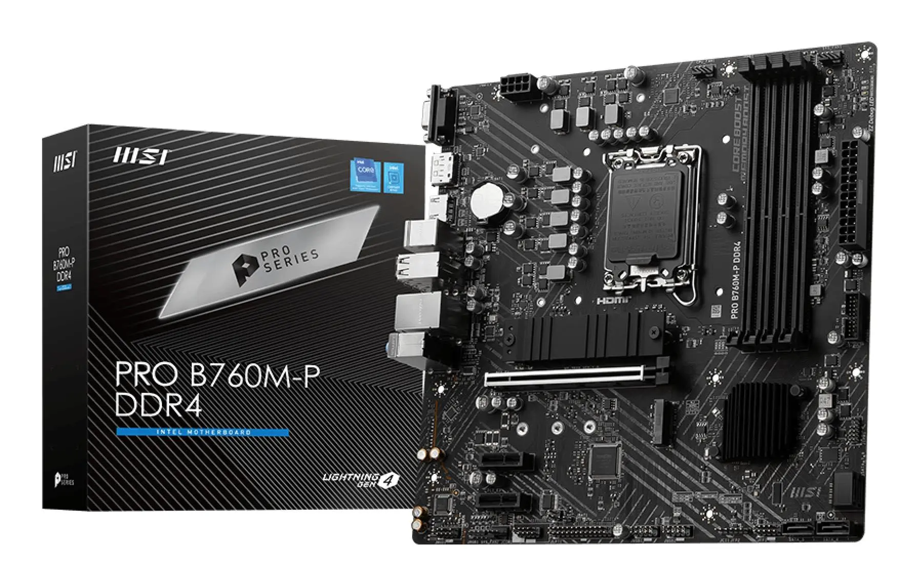 Mainboard|MSI|Intel B760 Express|LGA1700|Micro-ATX|Memory DDR4|Memory slots 4|2xPCI-Express 1x|1xPCI-Express 16x|2xM.2|1x15pin D-sub|1xHDMI|1xDisplayPort|4xUSB 2.0|1xUSB 3.2|1xUSB-C|2xPS/2|1xRJ45|3xAudio port|PROB760M-PDDR4