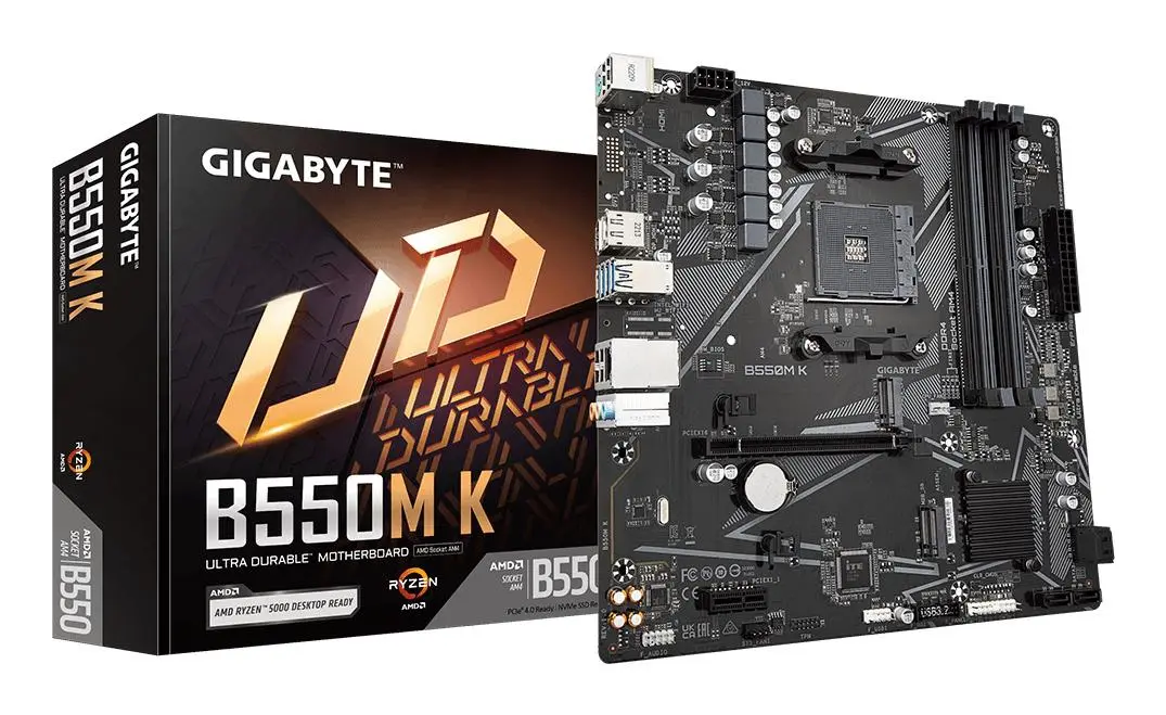 Mainboard|GIGABYTE|AMD B550|SAM4|Micro-ATX|Memory DDR4|Memory slots 4|1xPCI-Express 3.0 1x|1xPCI-Express 4.0 16x|2xM.2|1xHDMI|1xDisplayPort|2xAudio-In|1xAudio-Out|4xUSB 2.0|4xUSB 3.2|1xPS/2|1xRJ45|B550MK
