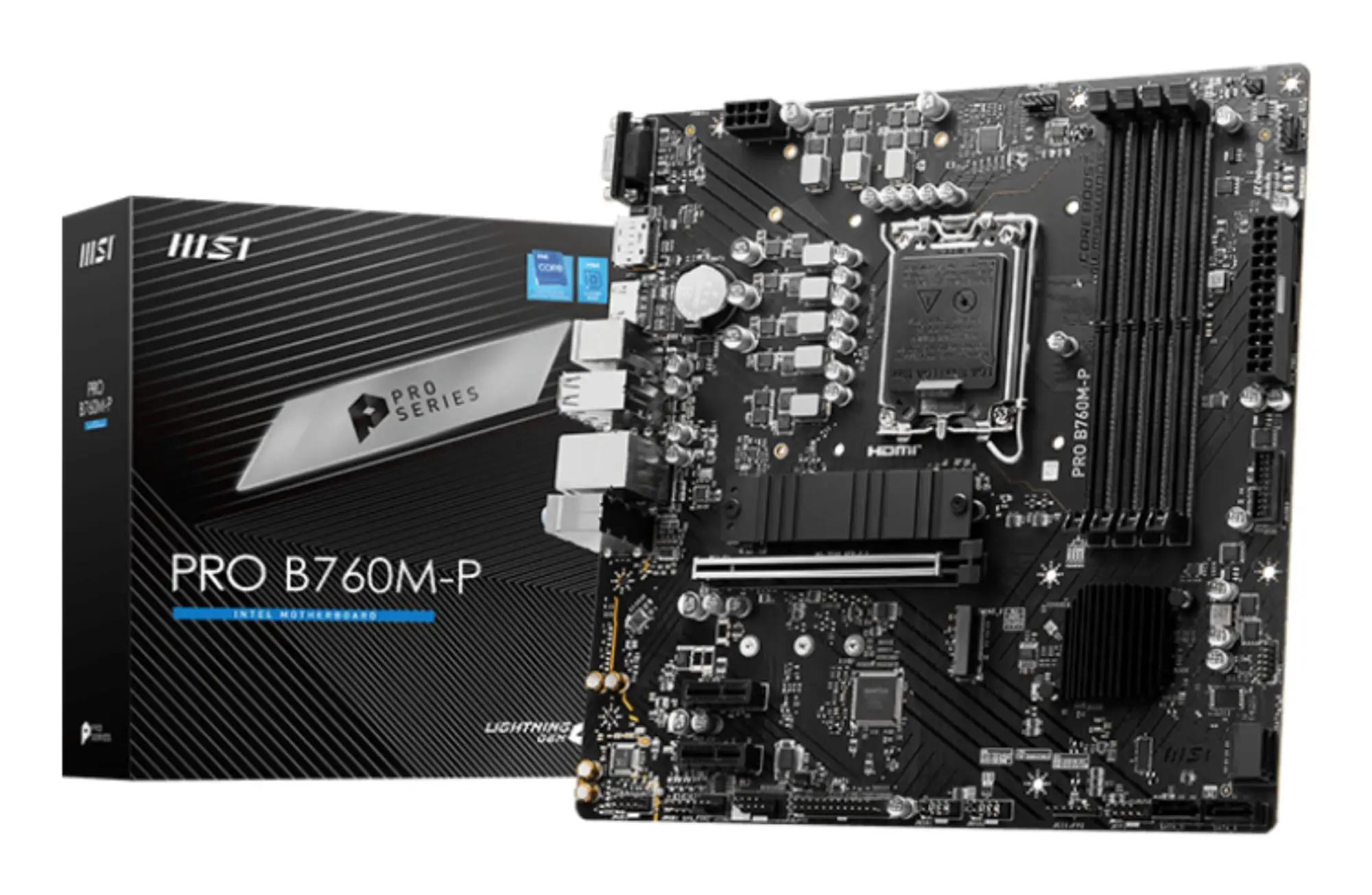 Mainboard|MSI|Intel B760 Express|LGA1700|Micro-ATX|Memory DDR5|Memory slots 4|2xPCI-Express 1x|1xPCI-Express 16x|2xM.2|1x15pin D-sub|1xHDMI|1xDisplayPort|4xUSB 2.0|1xUSB 3.2|1xUSB-C|2xPS/2|1xRJ45|3xAudio port|PROB760M-P