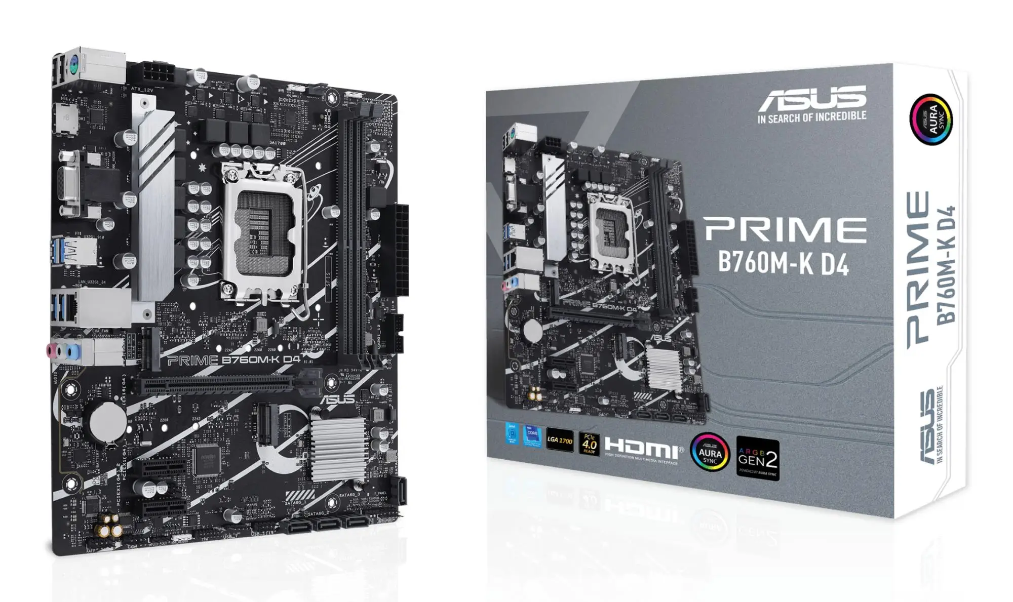 Mainboard|ASUS|Intel B760 Express|LGA1700|Micro-ATX|Memory DDR4|Memory slots 2|2xPCI-Express 4.0 1x|1xPCI-Express 4.0 16x|2xM.2|1x15pin D-sub|1xHDMI|2xUSB 2.0|4xUSB 3.2|1xPS/2|1xRJ45|3xAudio port|PRIMEB760M-KD4