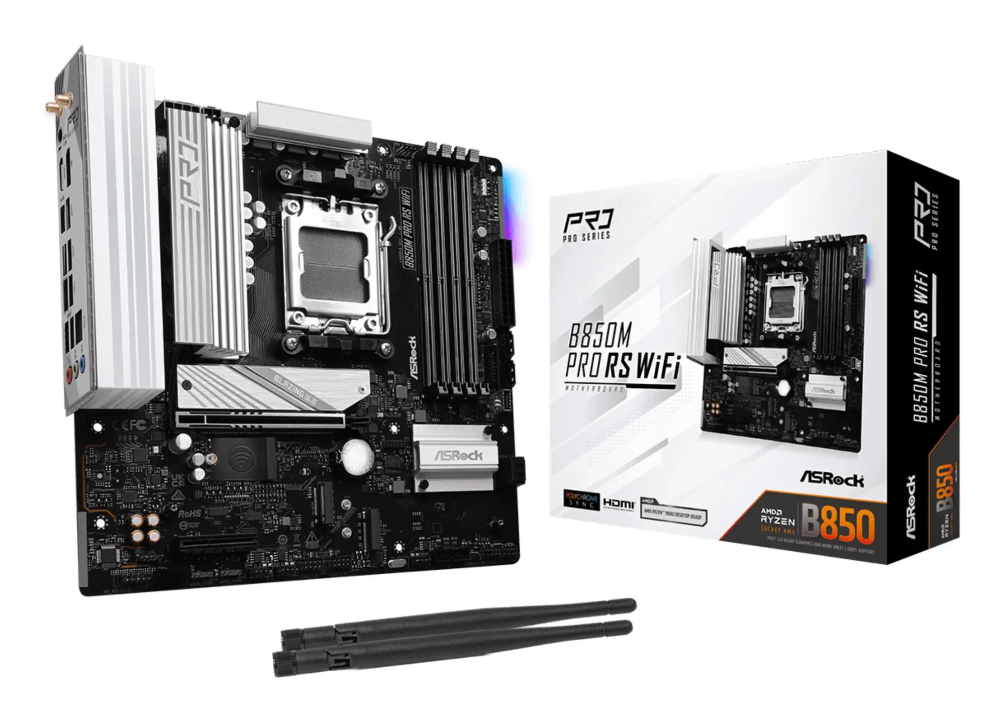 Mainboard|ASROCK|AMD B850|SAM5|Micro-ATX|Memory DDR5|Memory slots 4|1xPCI-Express 4.0 4x	|1xPCI-Express 5.0 16x|1xM.2|1xHDMI|1xDisplayPort|1xAudio-In|1xAudio-Out|1xMicrophone|4xUSB 2.0|3xUSB 3.2|1xUSB-C|1xRJ45|B850MPRORSWIFI