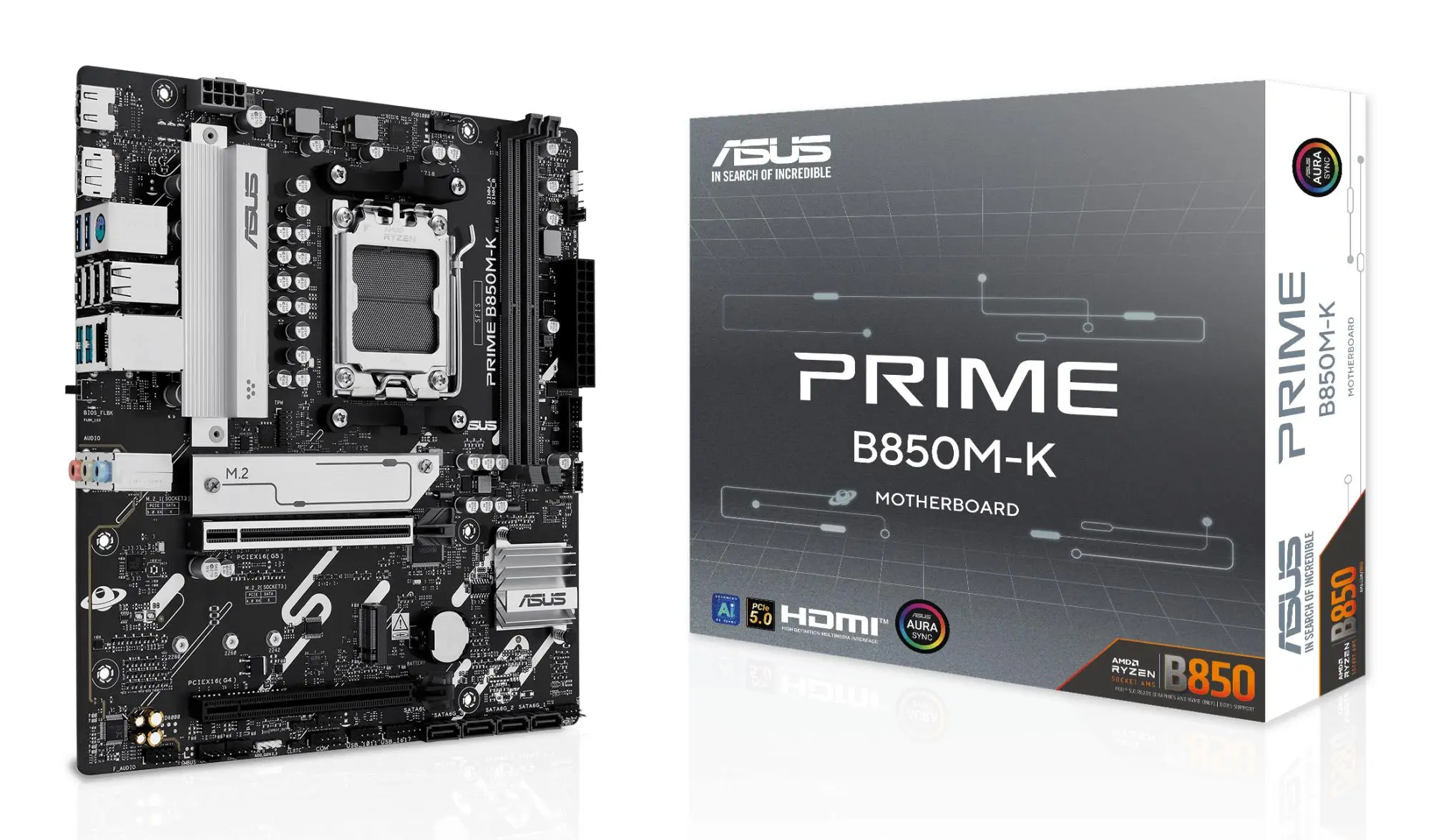 Mainboard|ASUS|AMD B850|SAM5|Micro-ATX|Memory DDR5|Memory slots 2|1xPCI-Express 4.0 16x|1xPCI-Express 5.0 16x|2xM.2|1xHDMI|1xDisplayPort|4xUSB 2.0|4xUSB 3.2|1xPS/2|3xAudio port|PRIMEB850M-K