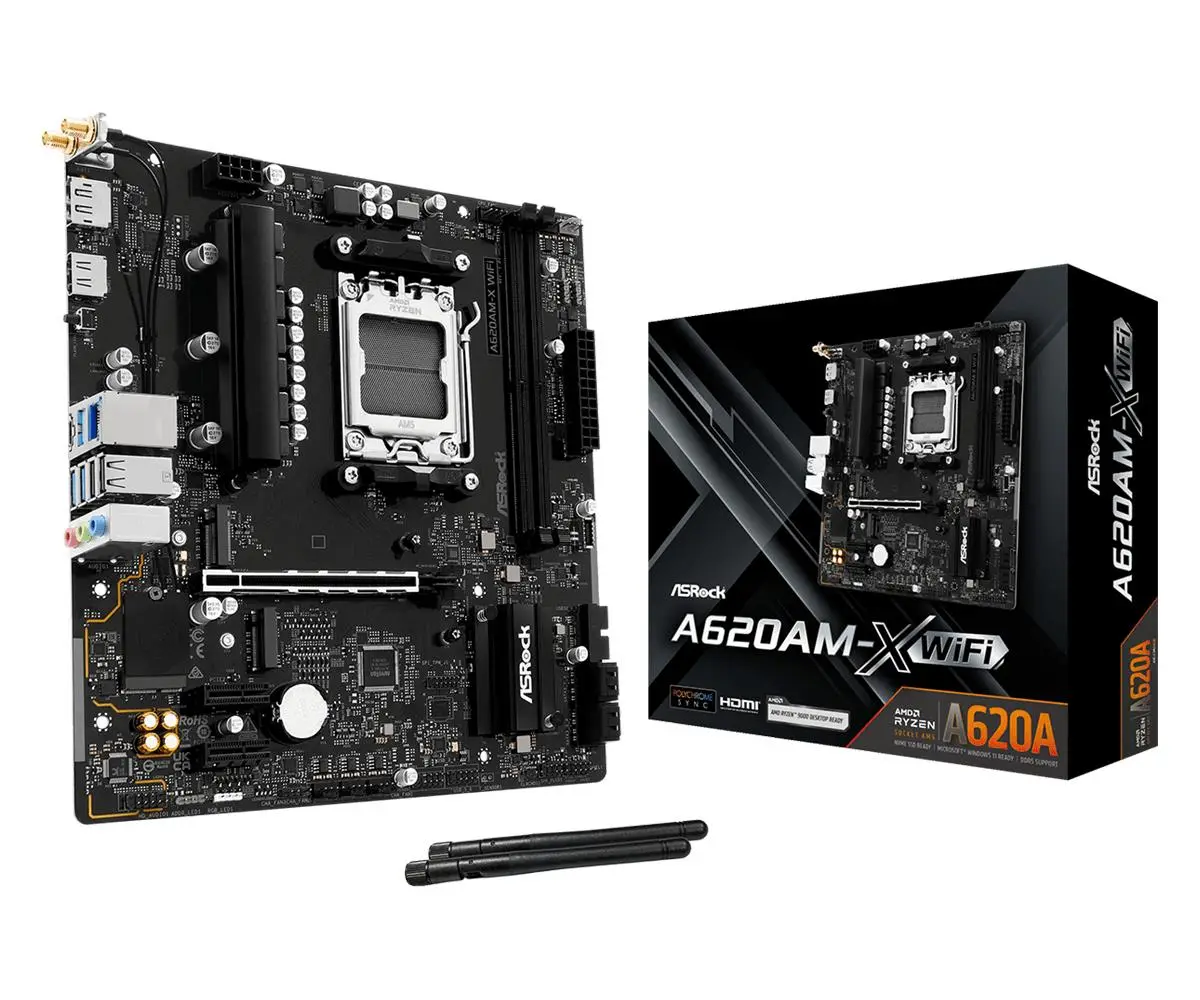 Mainboard|ASROCK|AMD A620|Socket AM5|micro ATX|RAM DDR5-SDRAM|2xSlots|Wi-Fi Yes|Bluetooth Yes|1xNumber of M.2 (M) slots|A620AM-XWIFI